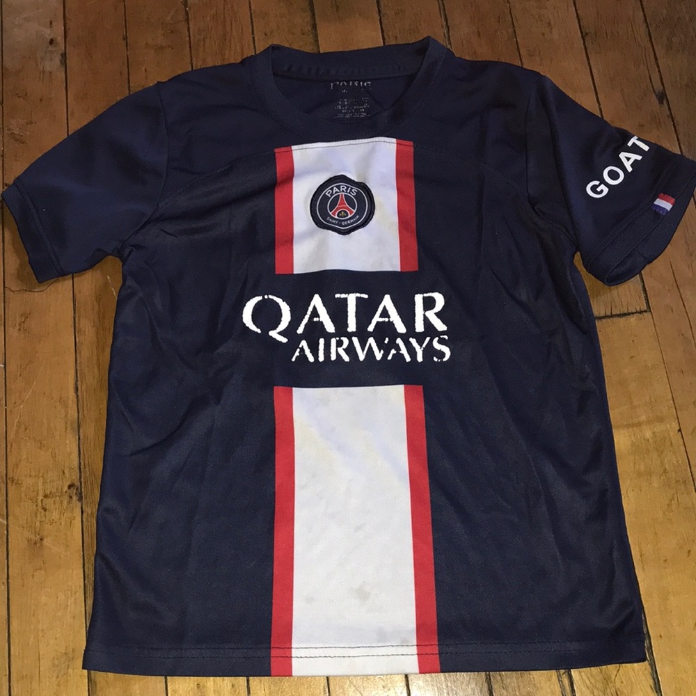 Lionel Messi #30 Kids Navy Blue‎ PSG Football Jersey with Qatar Airways Logo